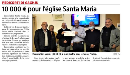 Remise du chèque à la commune -Corse Matin du 24.10.2020